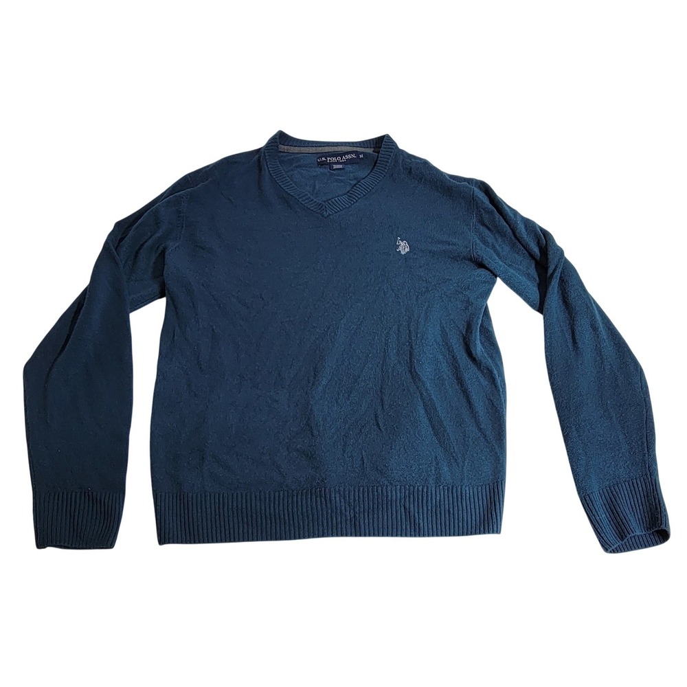 US Polo Assn Mens V-Neck Sweater Teal Blue Long Sleeve Logo Knit‎ Medium